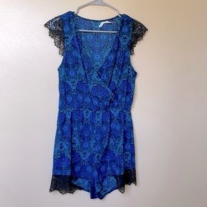 Kimchi Blue Shorts Romper Blue Paisleys Black Accents